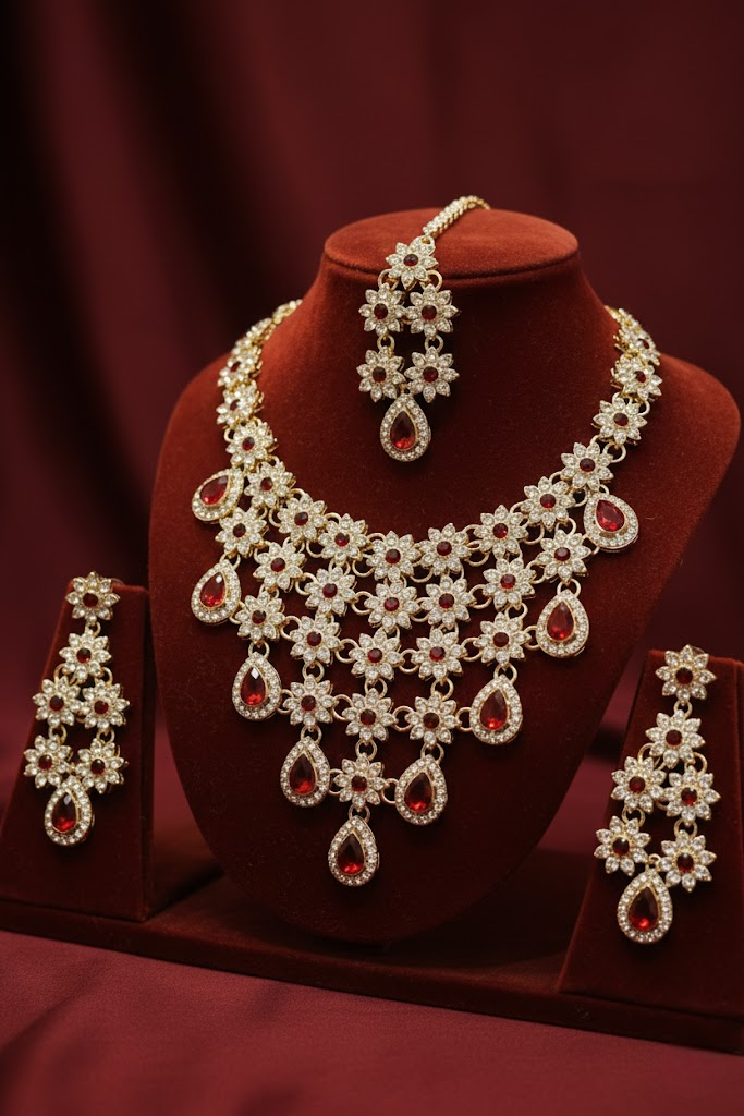 Sondarya Floral Kundan & Ruby Red Drop Necklace Set with Maang Tikka