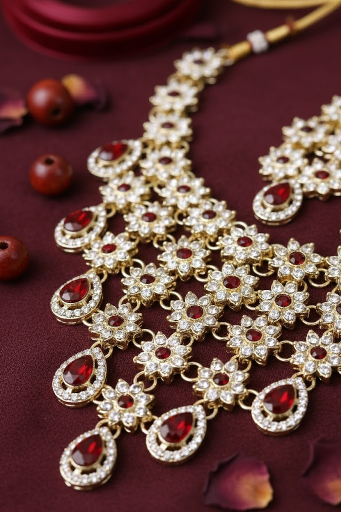 Sondarya Floral Kundan & Ruby Red Drop Necklace Set with Maang Tikka