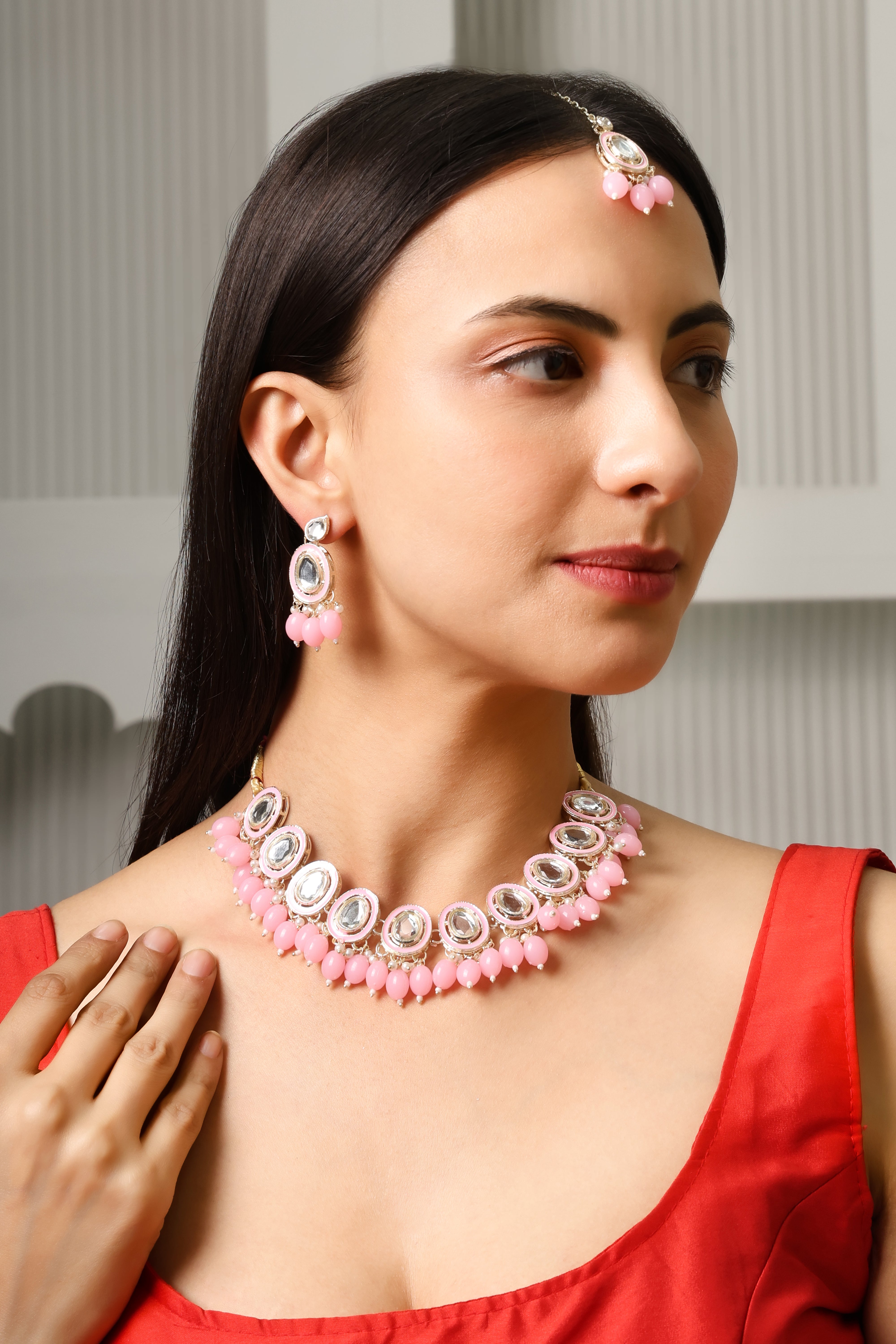 Sondarya Elegant Pink Meenakari & Kundan Necklace Set with Maang Tikka
