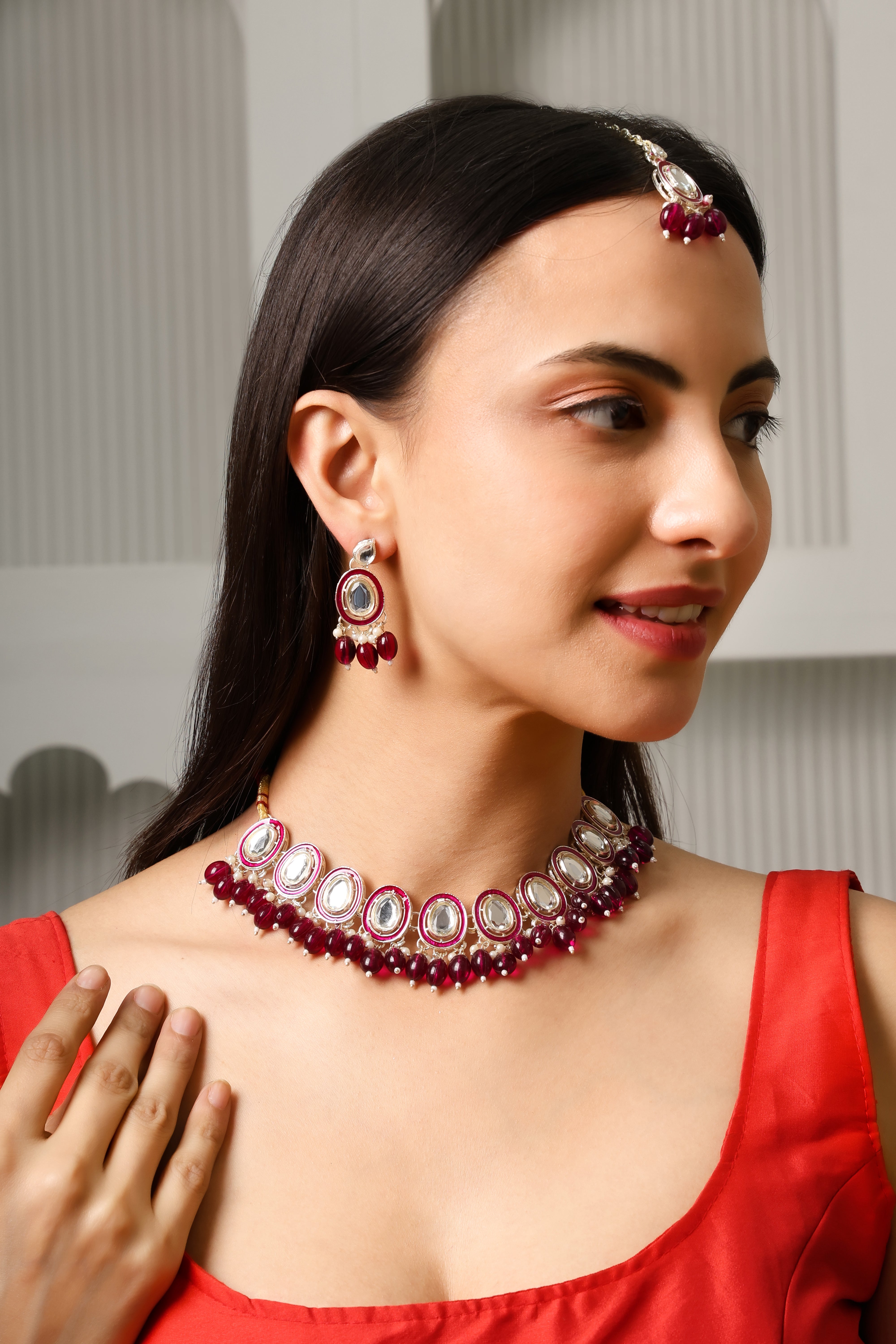 Sondarya Majestic Maroon Meenakari & Kundan Necklace Set with Maang Tikka