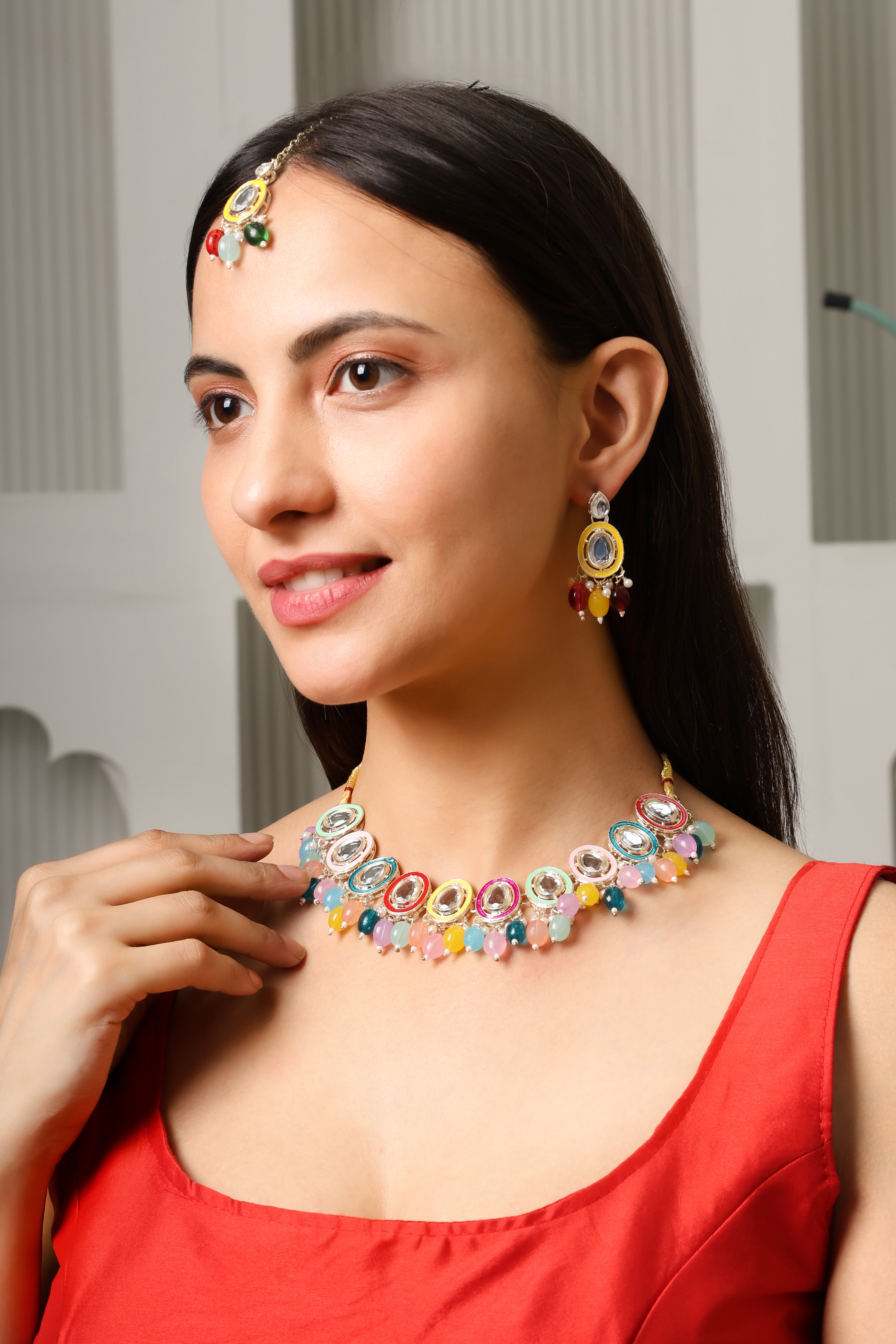 Sondarya Multi-Color Meenakari & Kundan Necklace Set with Maang Tikka