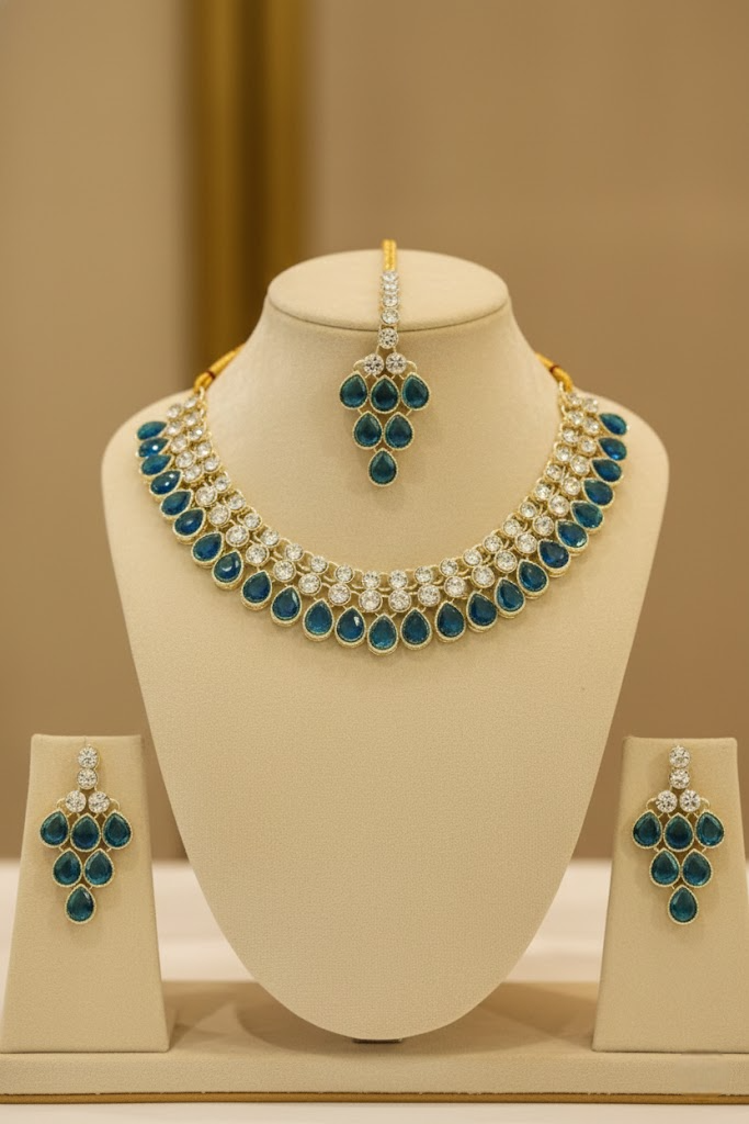 Sondarya Royal Blue Teardrop Kundan Necklace Set with Maang Tikka