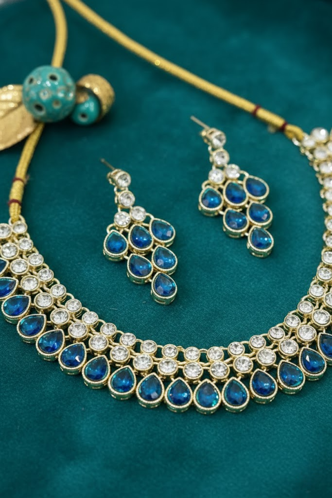 Sondarya Royal Blue Teardrop Kundan Necklace Set with Maang Tikka