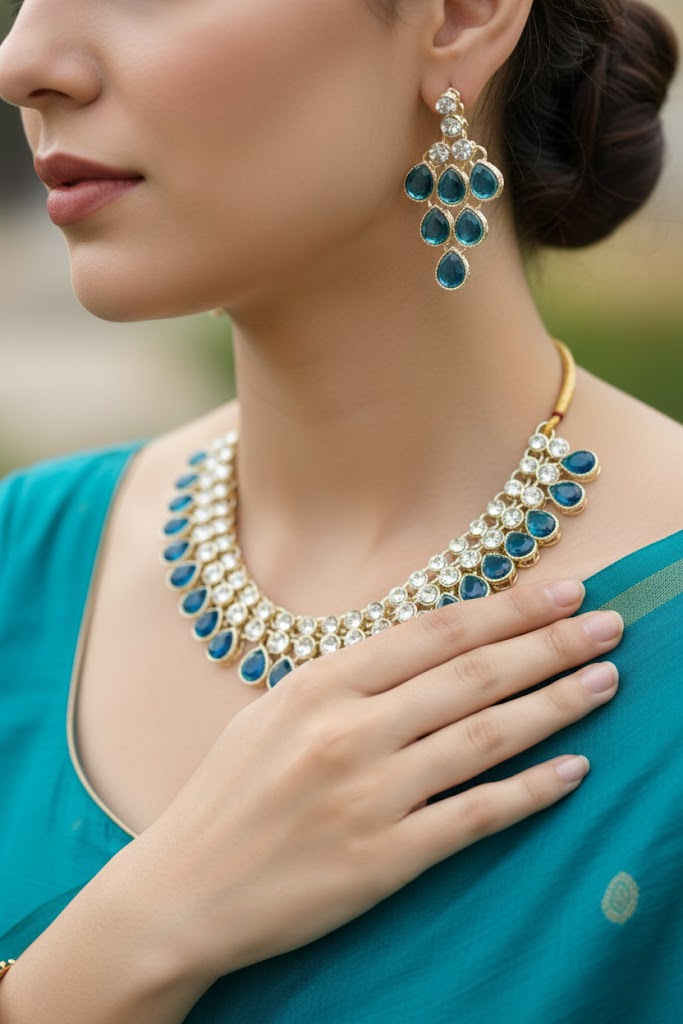 Sondarya Royal Blue Teardrop Kundan Necklace Set with Maang Tikka