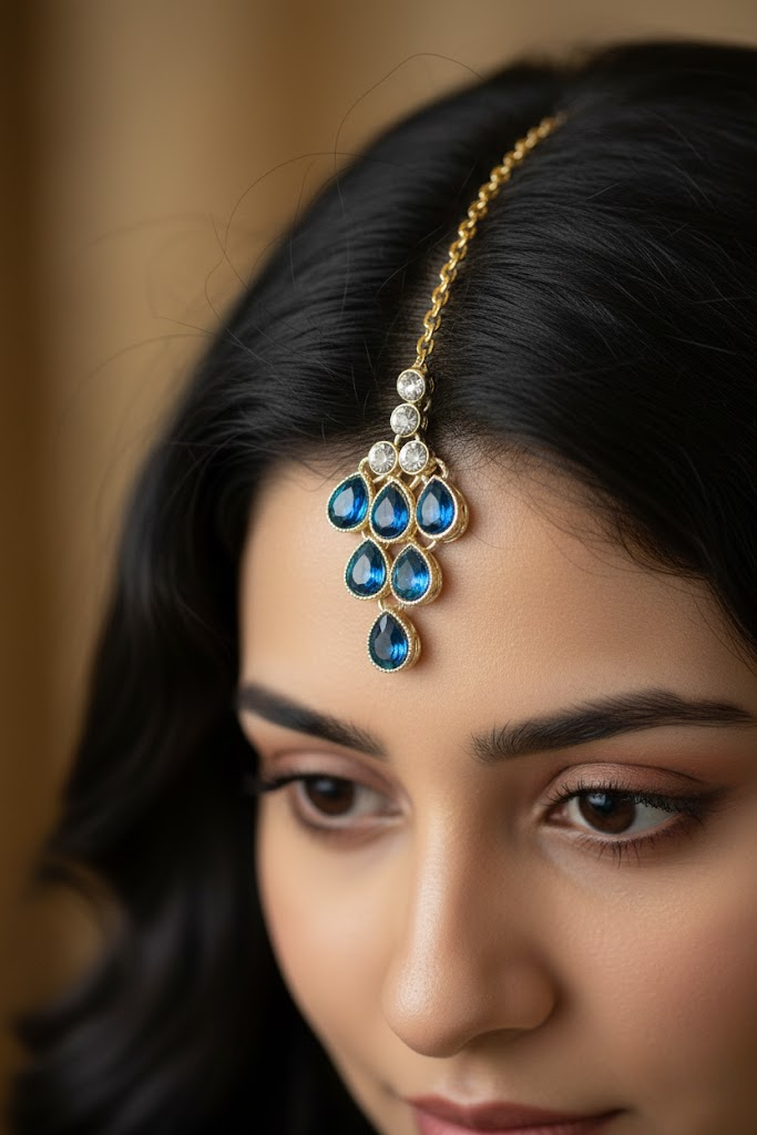 Sondarya Royal Blue Teardrop Kundan Necklace Set with Maang Tikka