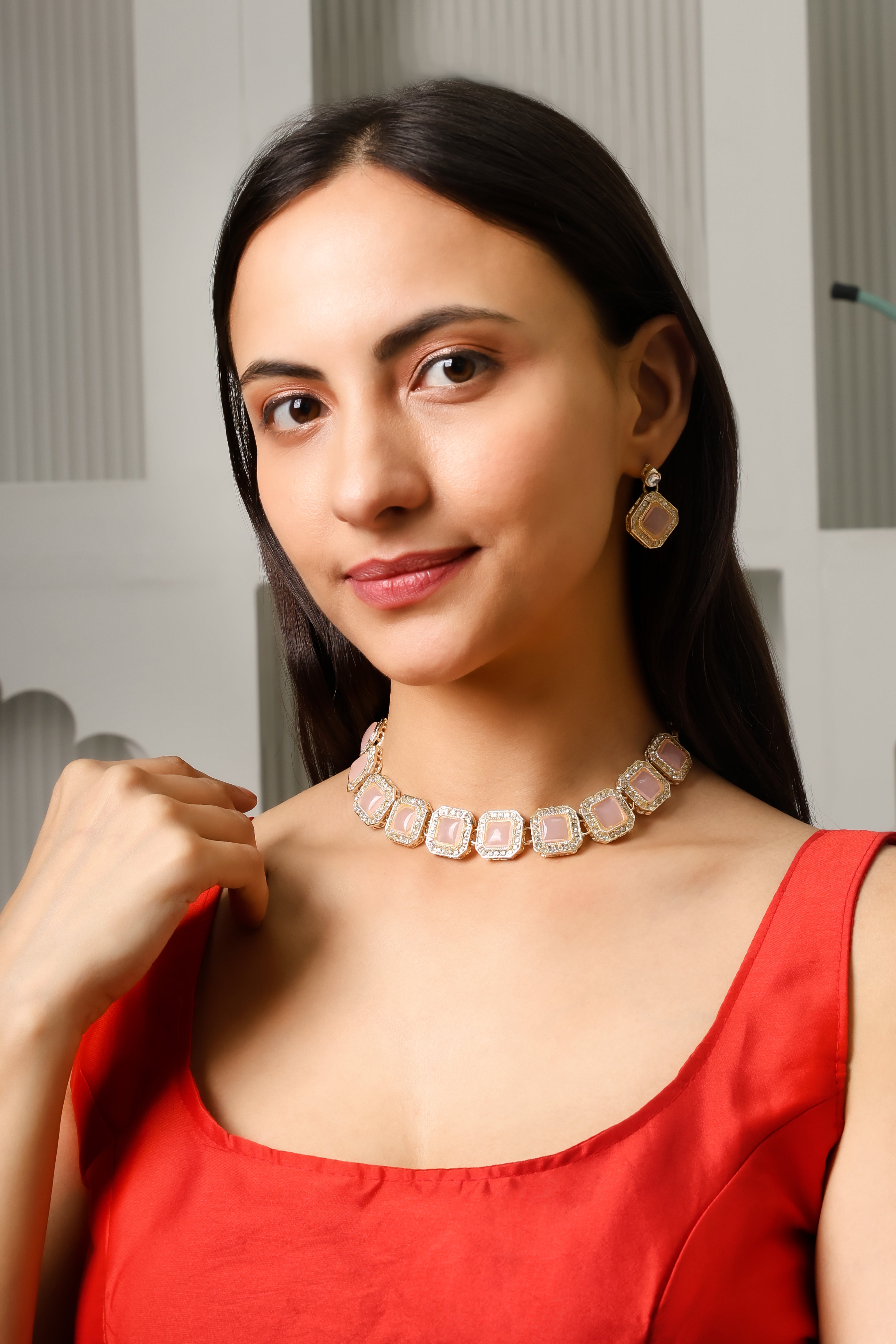 Baby Pink Studded Necklace Set With Earrings