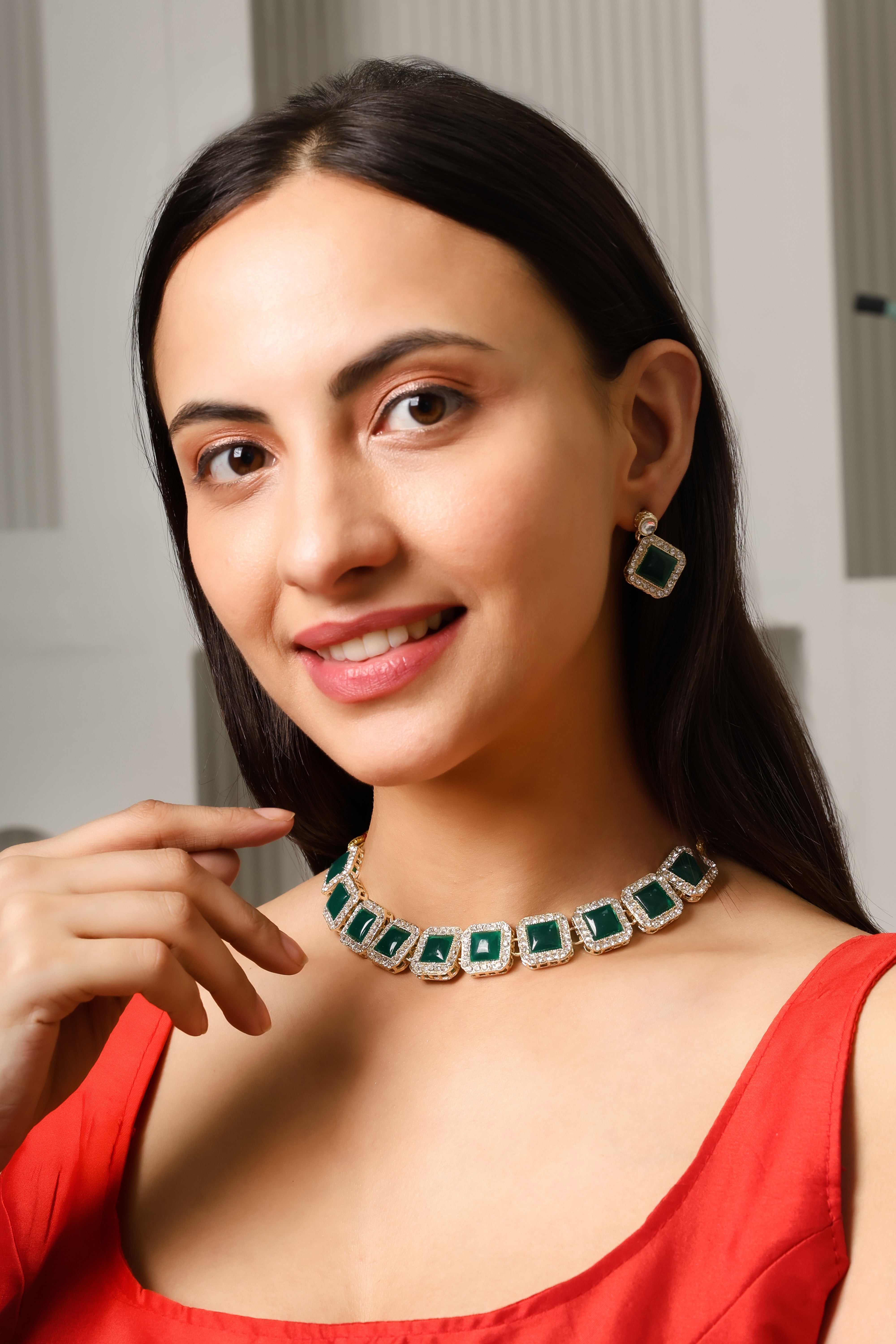 Emerald Green Studded Necklace Set With Earrings