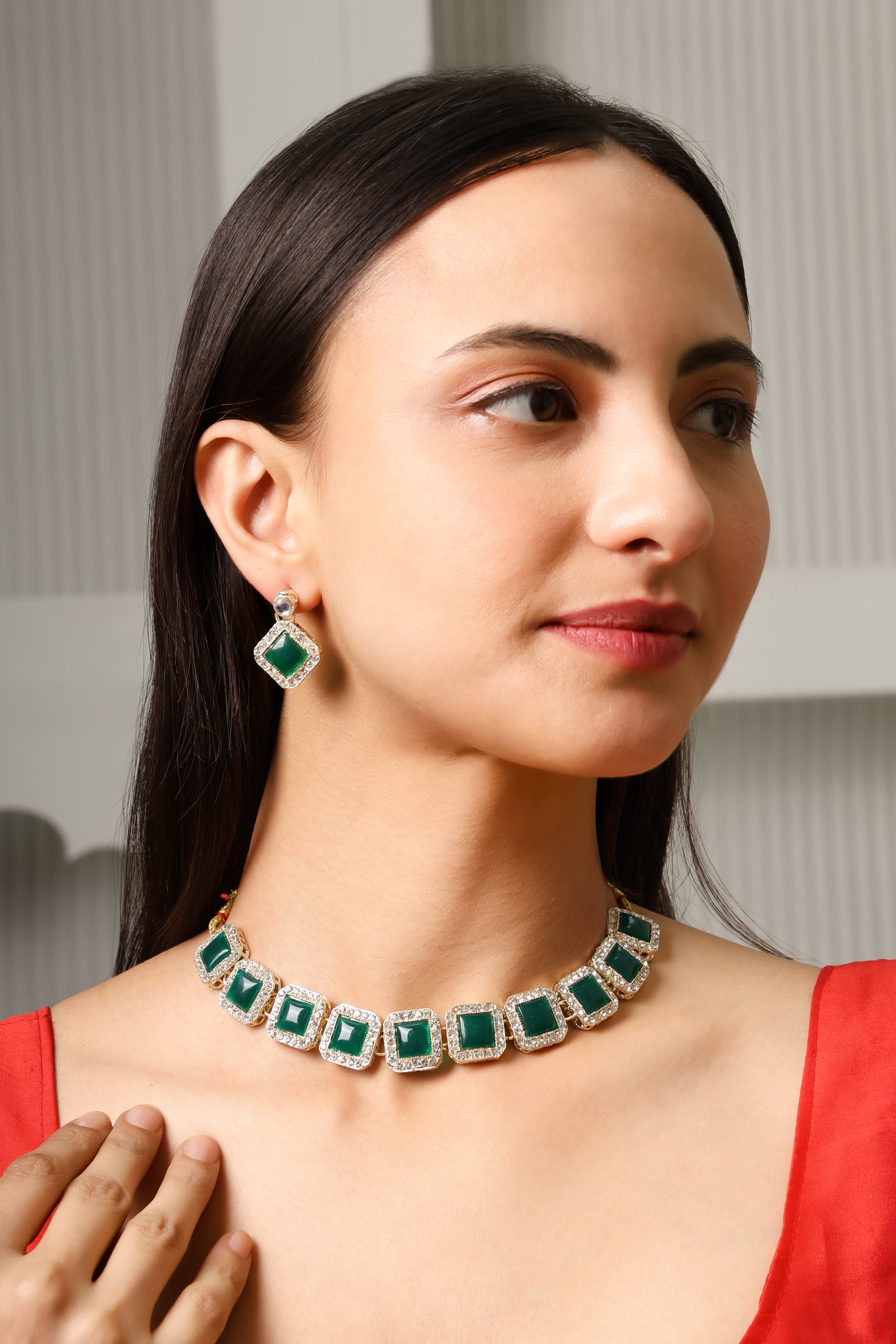 Emerald Green Studded Necklace Set With Earrings