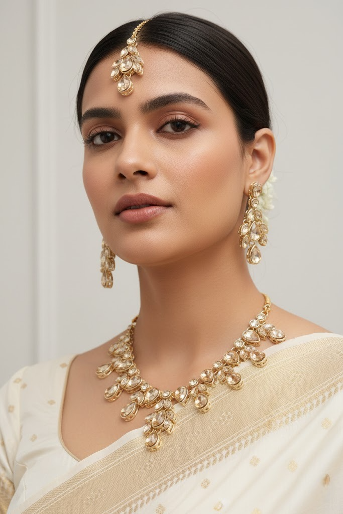 Sondarya Champagne Kundan Drop Necklace Set with Maang Tikka