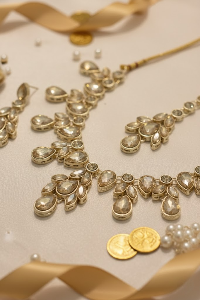 Sondarya Champagne Kundan Drop Necklace Set with Maang Tikka