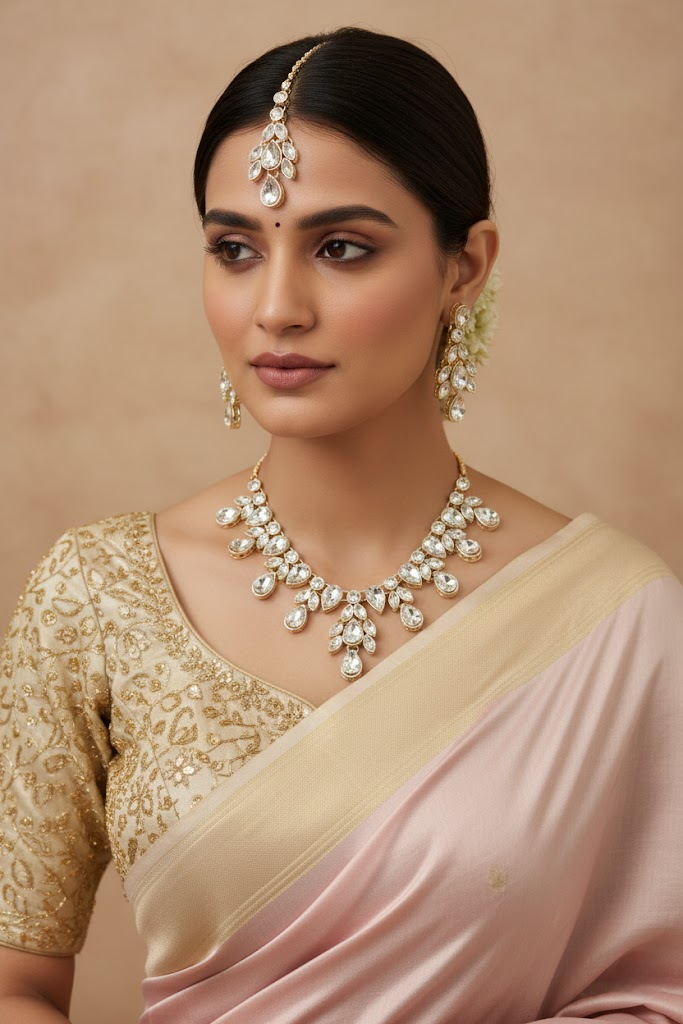 Sondarya Sparkling White Teardrop Kundan Necklace Set with Maang Tikka