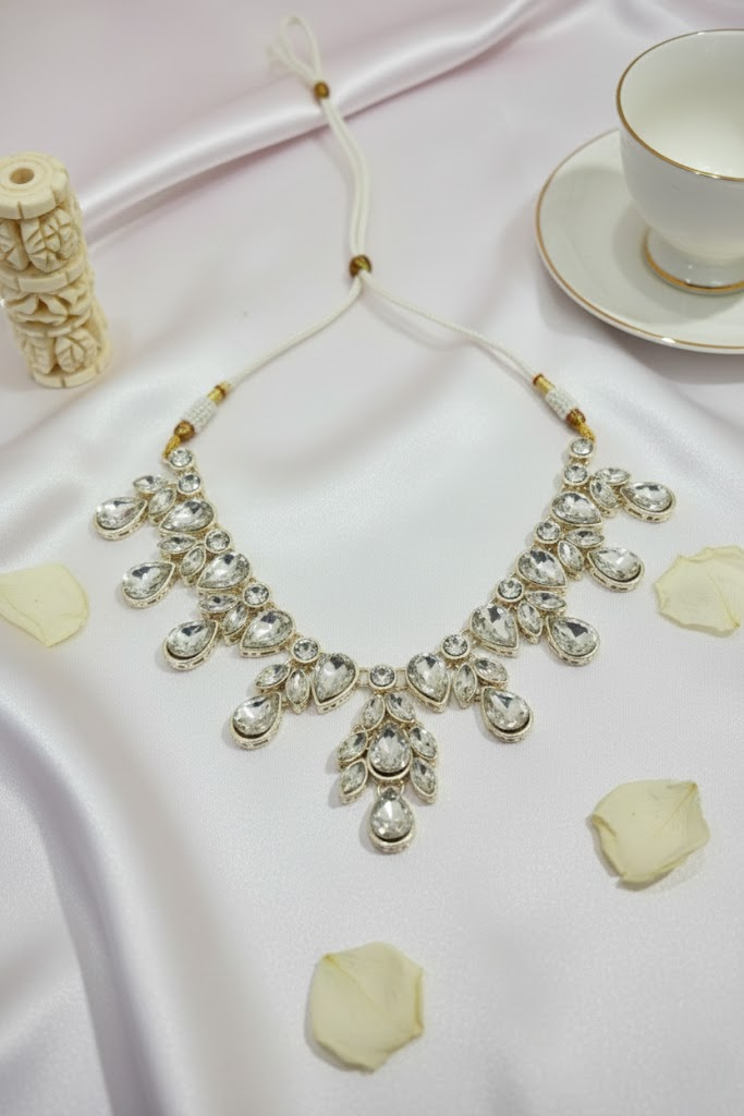 Sondarya Sparkling White Teardrop Kundan Necklace Set with Maang Tikka