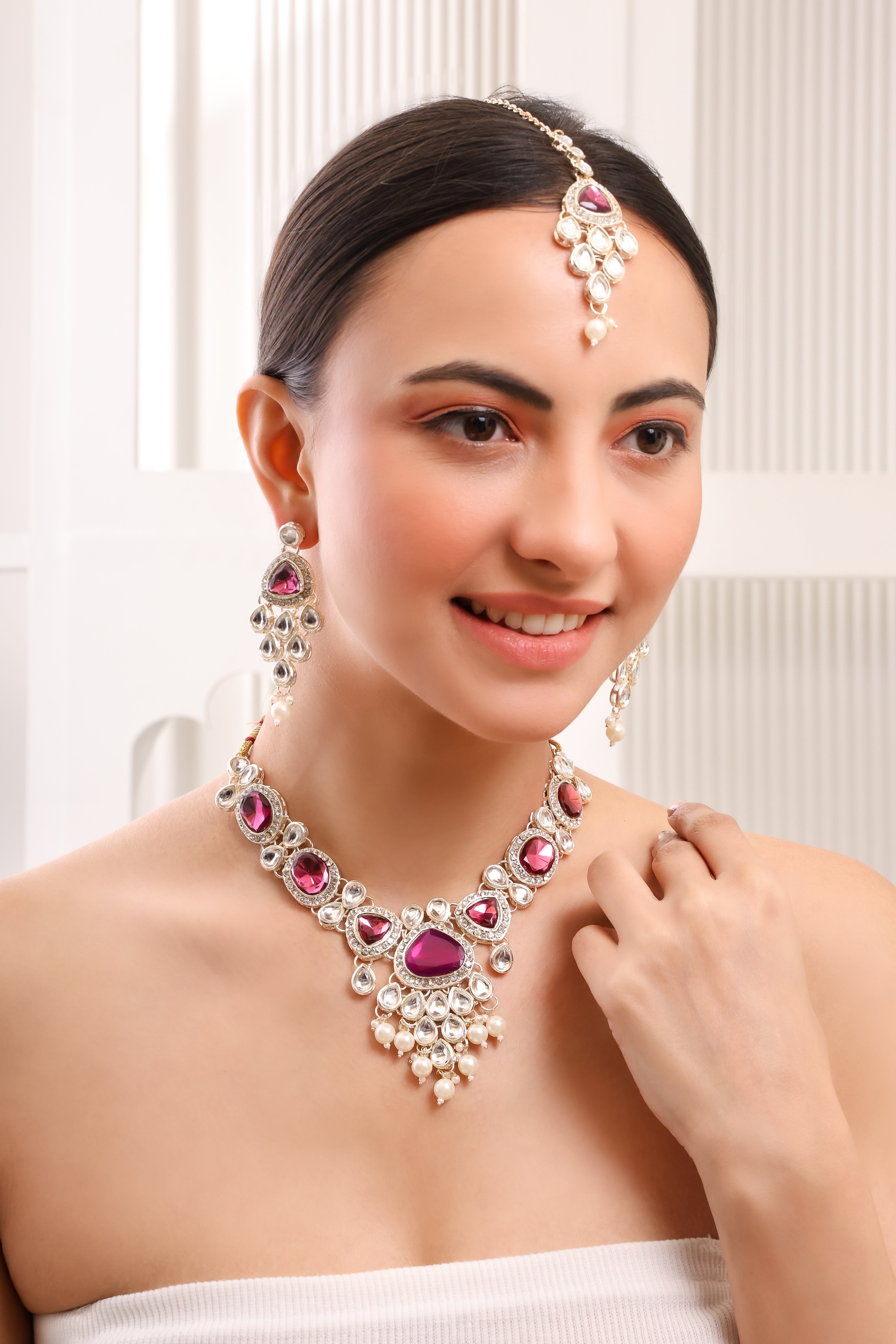 Sondarya Elegant Ruby Pink Kundan and Pearl Choker Set with Maang Tikka