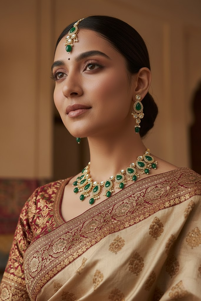 Sondarya Emerald Green Kundan Pearl Choker Set