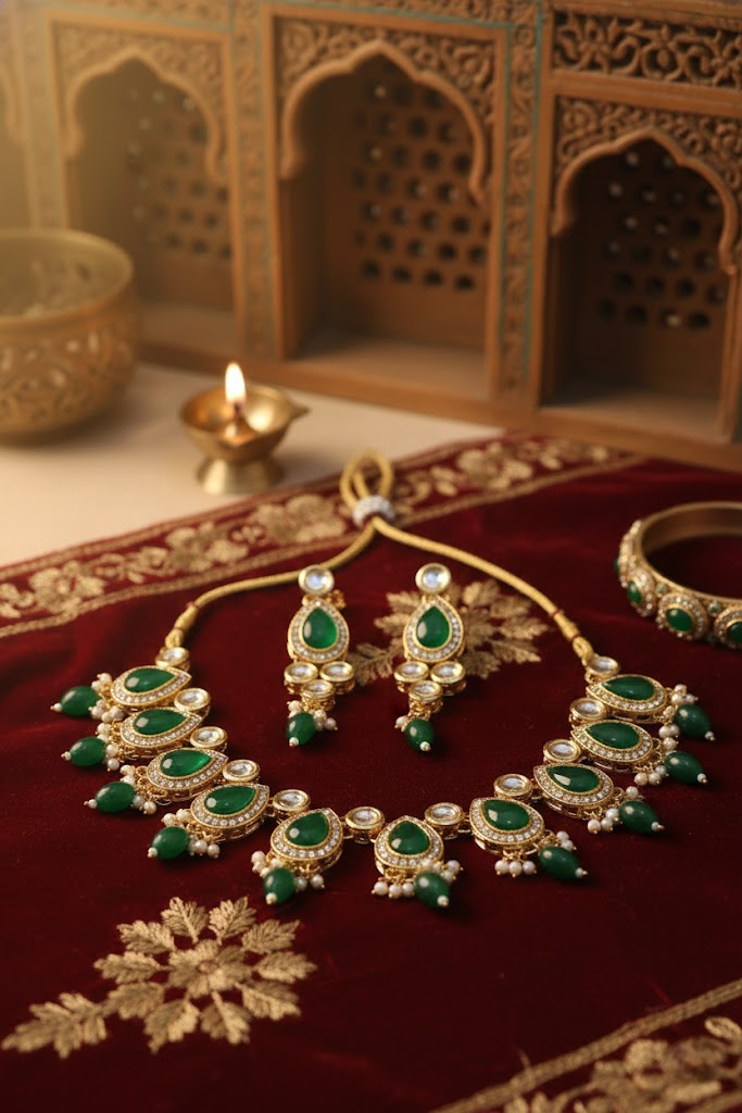 Sondarya Emerald Green Kundan Pearl Choker Set