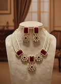 Elegant Red Stone & Pearl Choker Necklace Set with Earrings