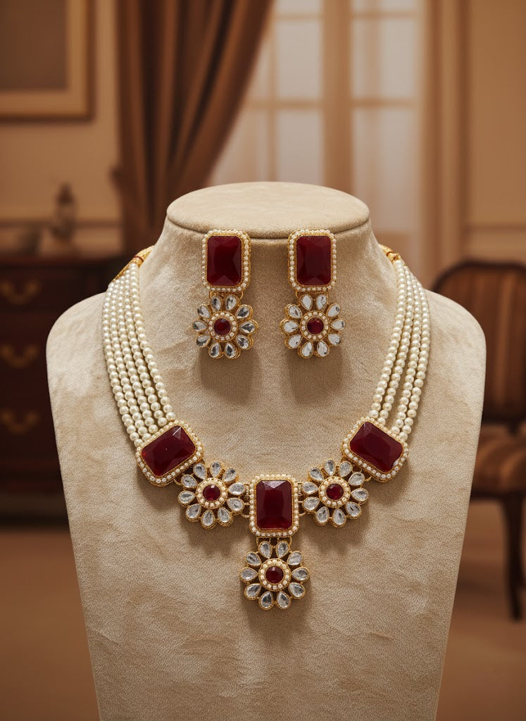 Elegant Red Stone & Pearl Choker Necklace Set with Earrings