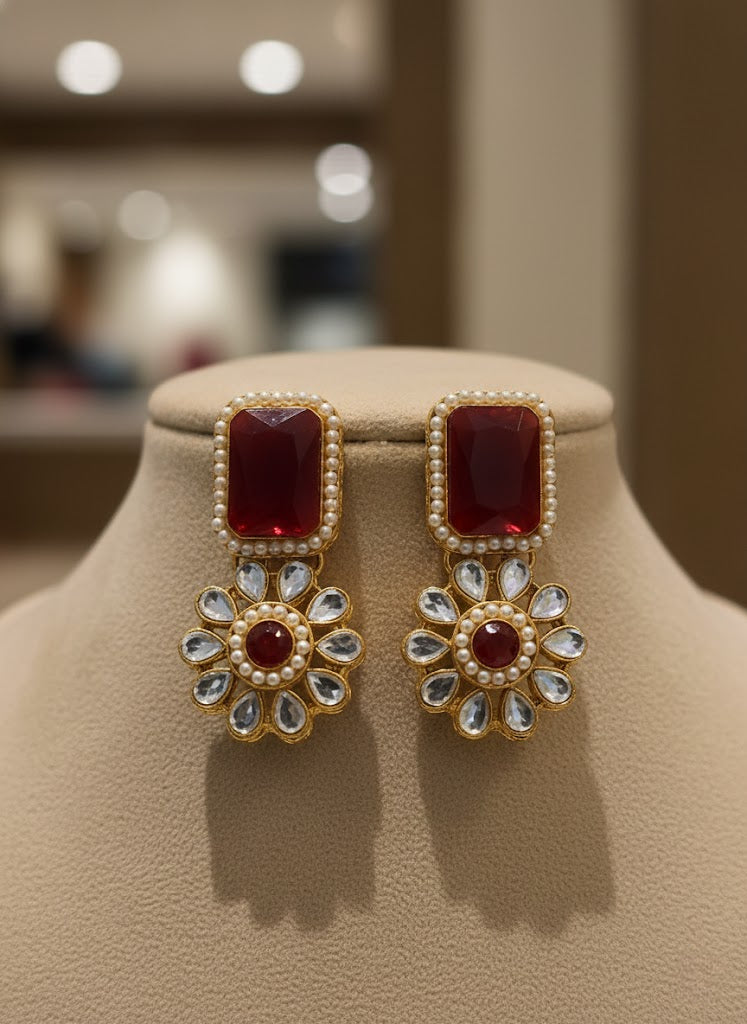 Elegant Red Stone & Pearl Choker Necklace Set with Earrings