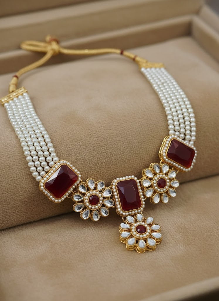 Elegant Red Stone & Pearl Choker Necklace Set with Earrings