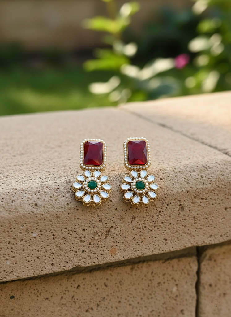 Dual Tone Red & Green Stone Pearl Necklace Set with Earrings