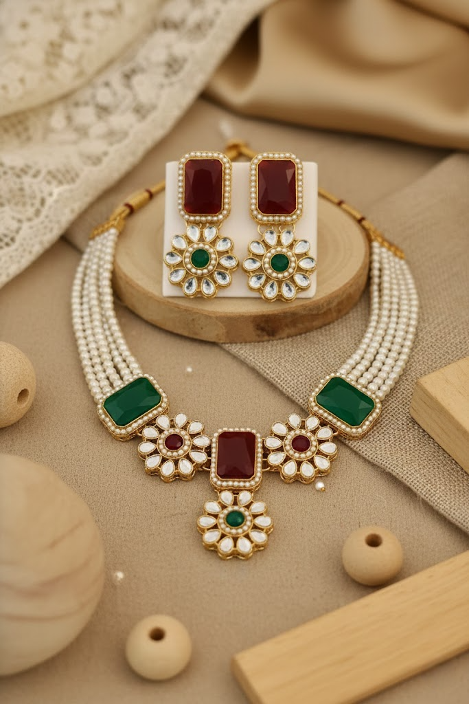 Dual Tone Red & Green Pearl Necklace Set with Earrings