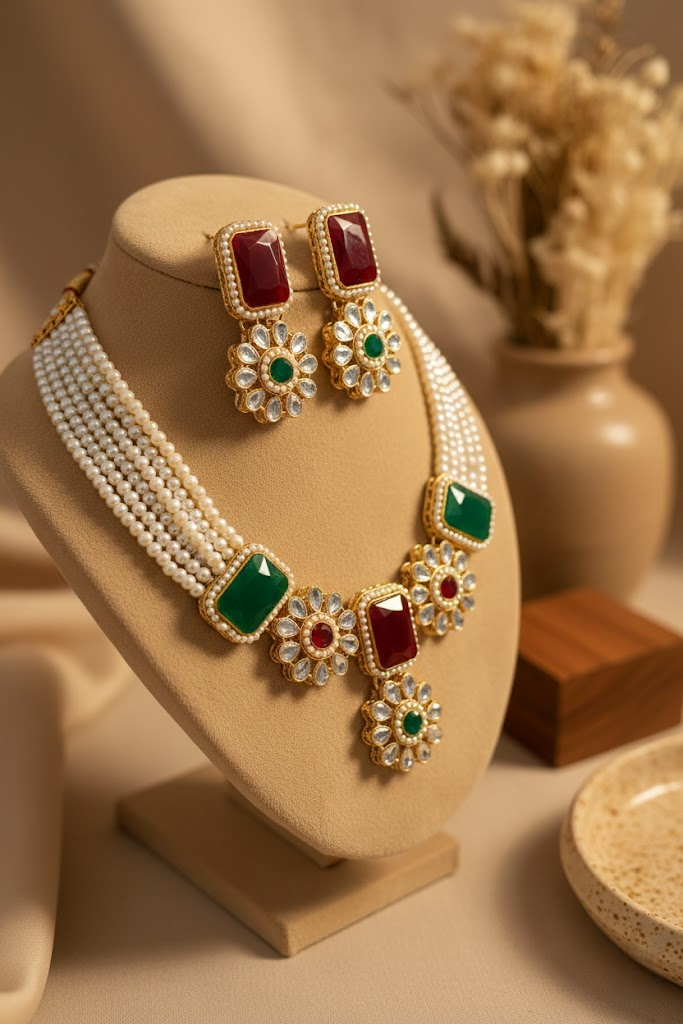Dual Tone Red & Green Pearl Necklace Set with Earrings