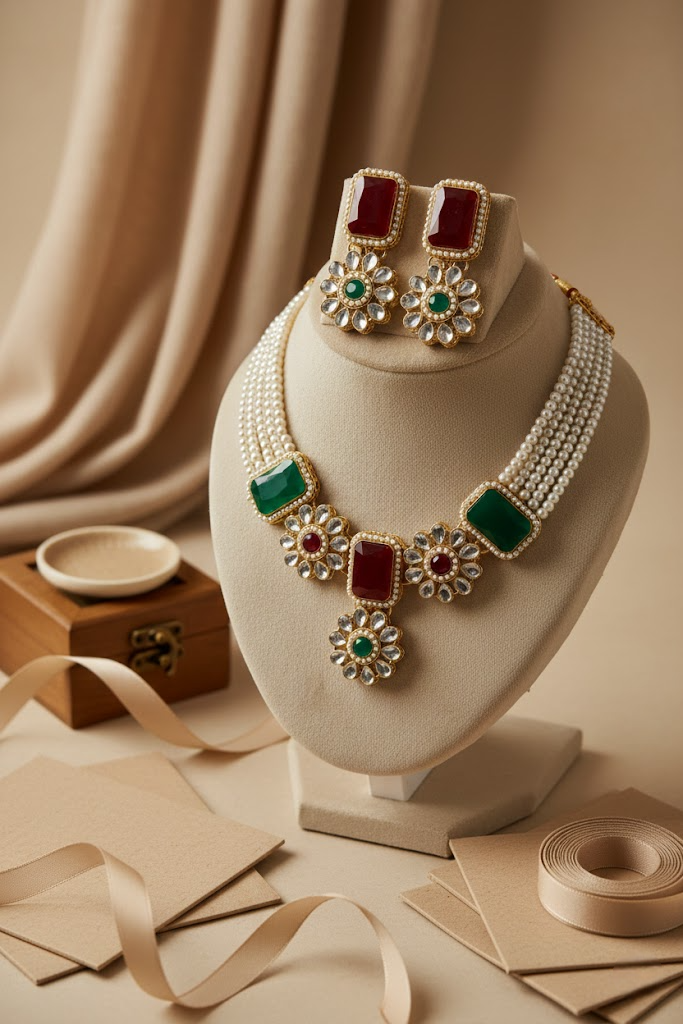 Dual Tone Red & Green Pearl Necklace Set with Earrings