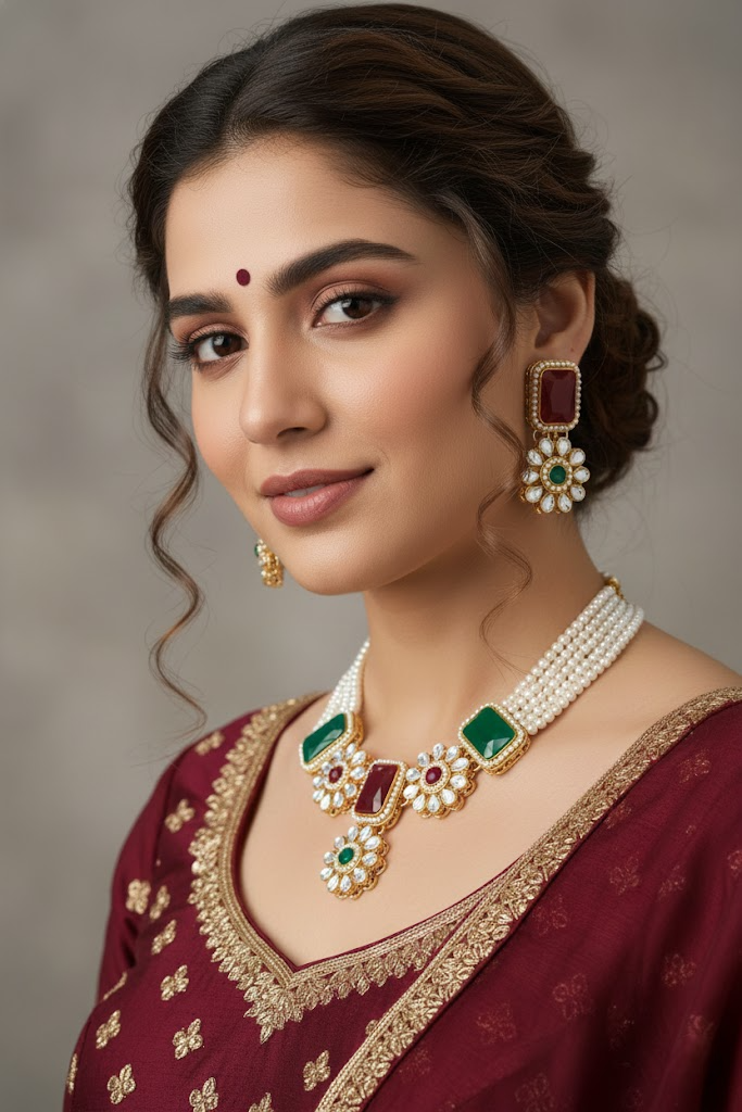 Dual Tone Red & Green Stone Pearl Necklace Set with Earrings