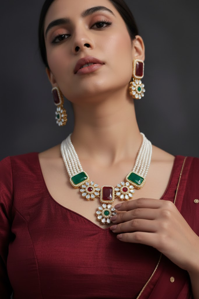 Dual Tone Red & Green Pearl Necklace Set with Earrings