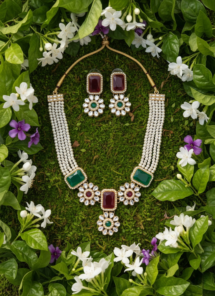 Dual Tone Red & Green Stone Pearl Necklace Set with Earrings