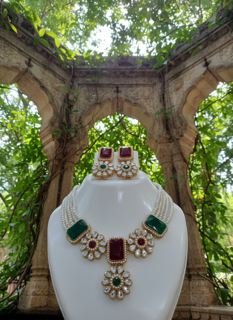 Dual Tone Red & Green Stone Pearl Necklace Set with Earrings