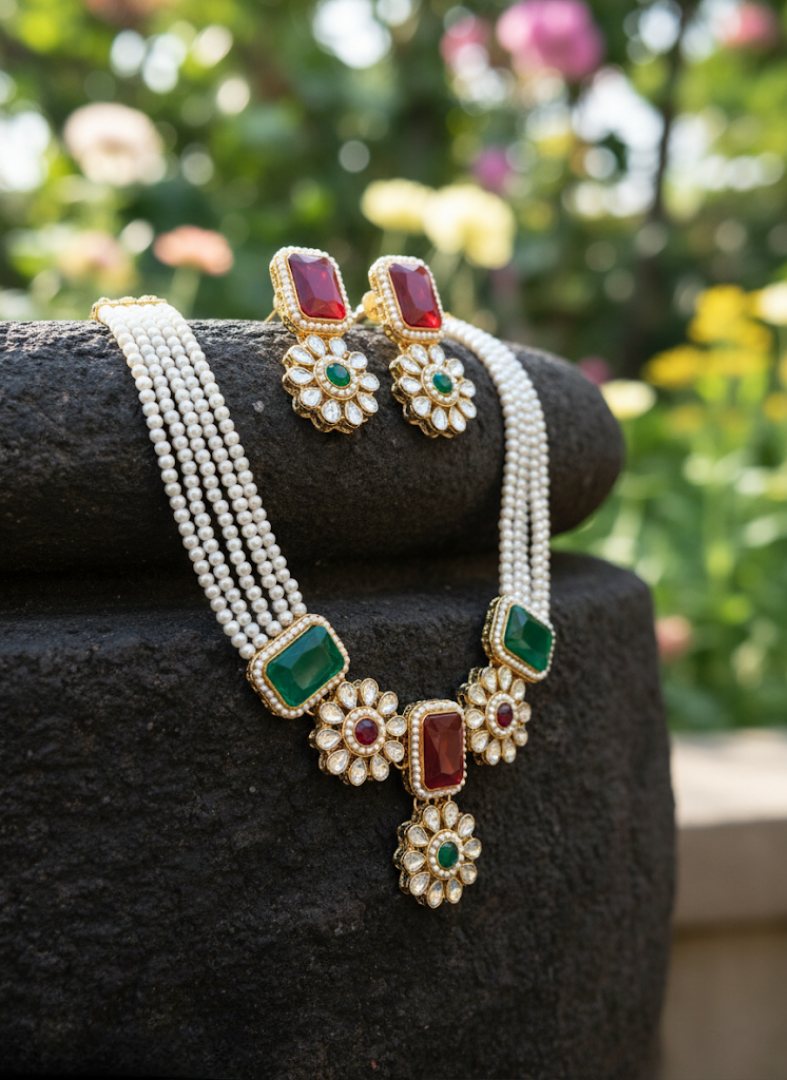Dual Tone Red & Green Stone Pearl Necklace Set with Earrings