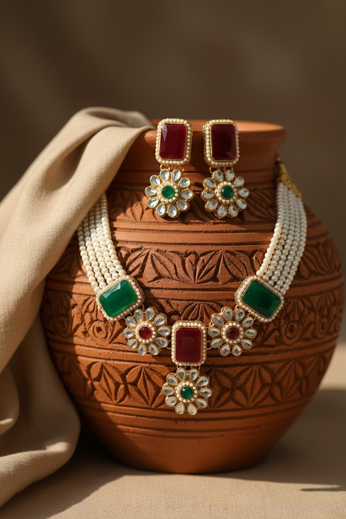 Dual Tone Red & Green Stone Pearl Necklace Set with Earrings