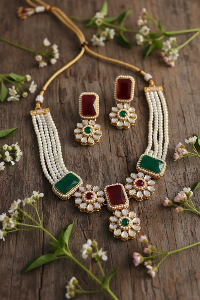 Dual Tone Red & Green Pearl Necklace Set with Earrings