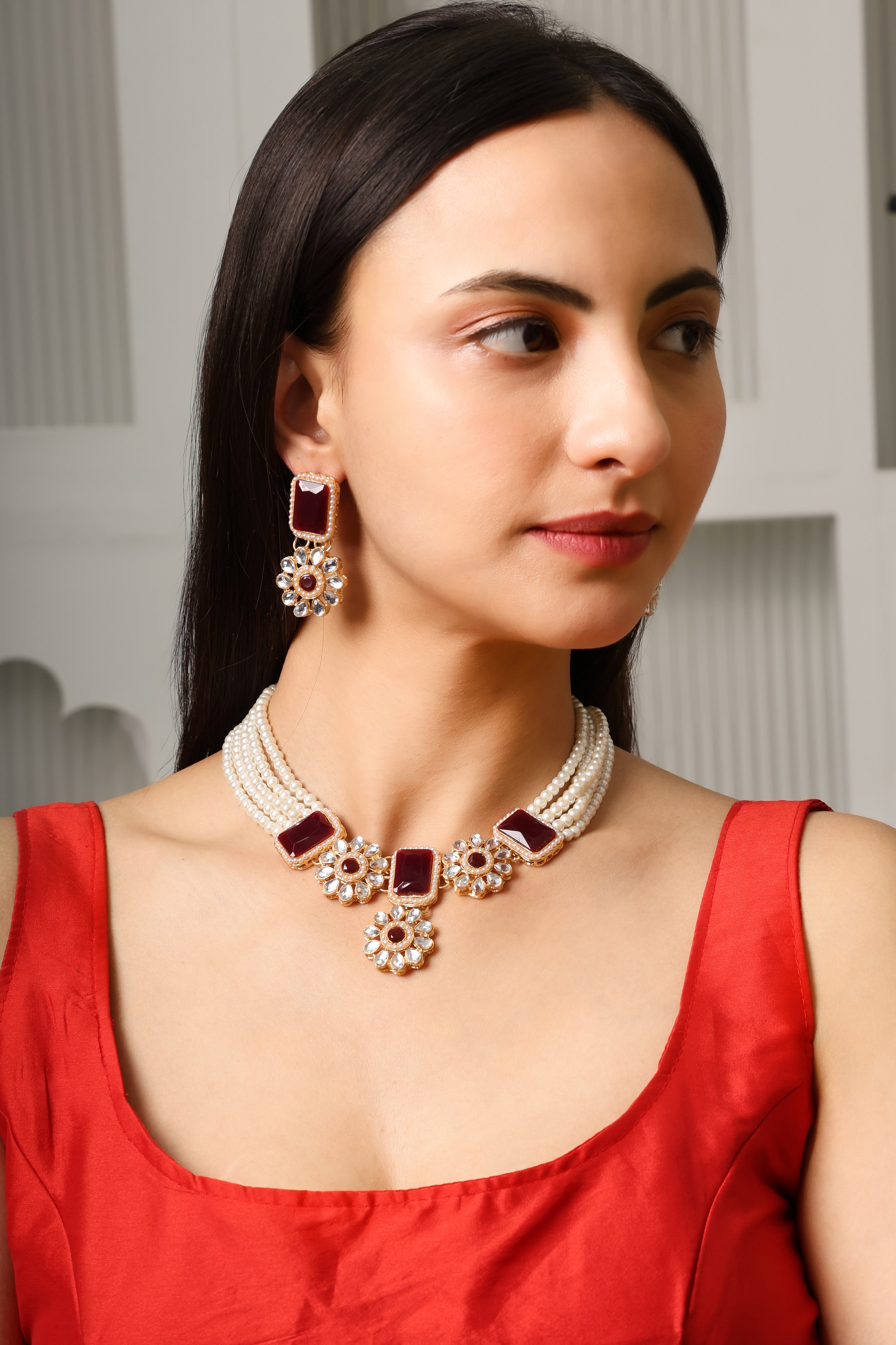 Elegant Red Stone & Pearl Choker Necklace Set with Earrings