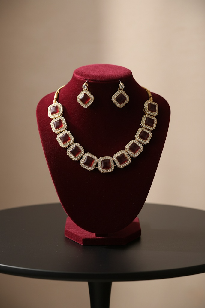 Maroon Kundan Studded Necklace Set With Earrings