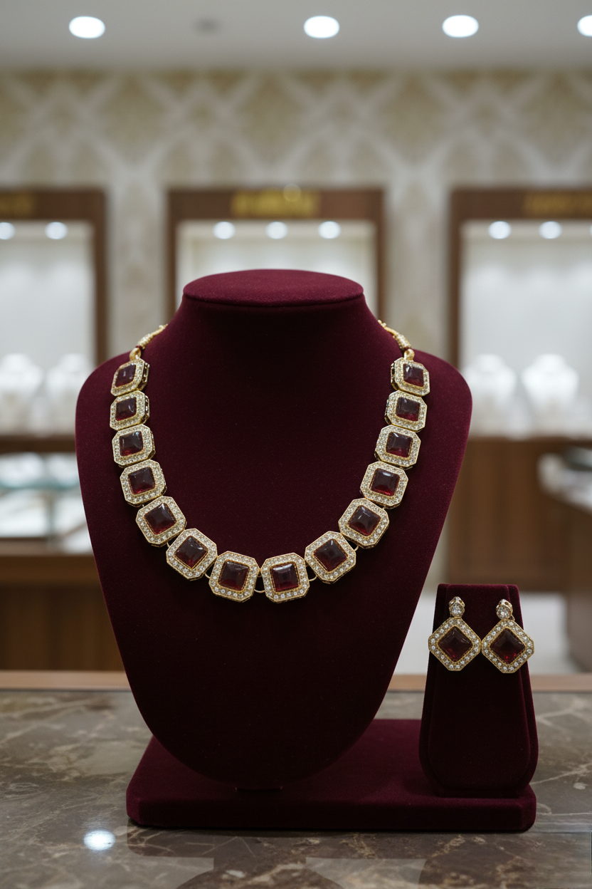 Maroon Kundan Studded Necklace Set With Earrings