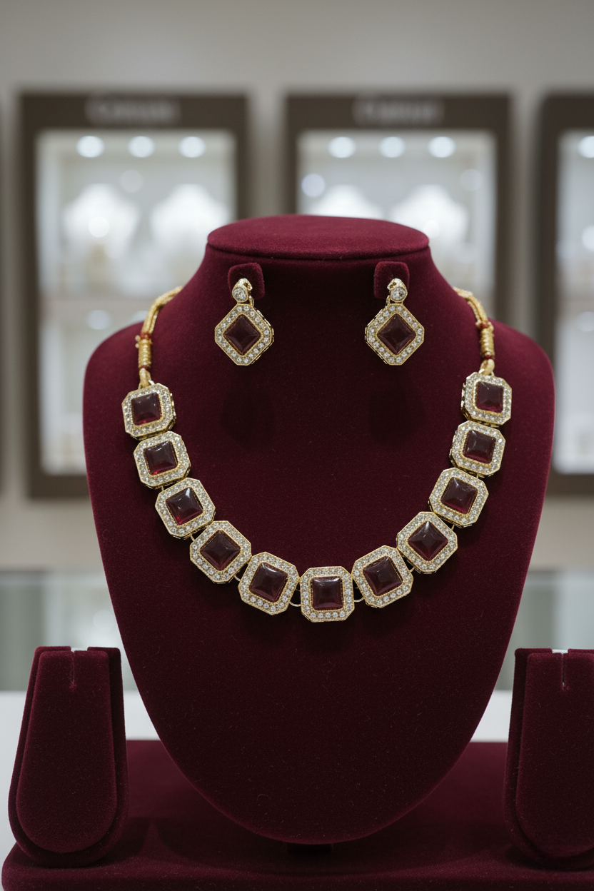 Maroon Kundan Studded Necklace Set With Earrings