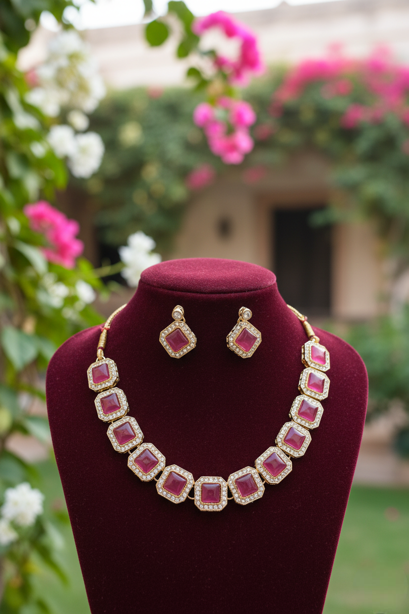 Pink Studded Necklace Set With Earrings