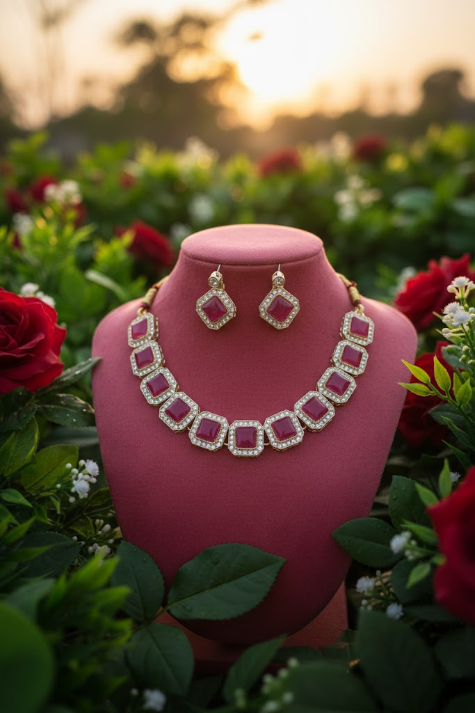 Pink Studded Necklace Set With Earrings