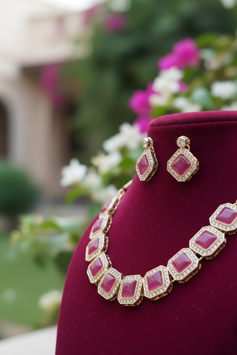 Pink Studded Necklace Set With Earrings