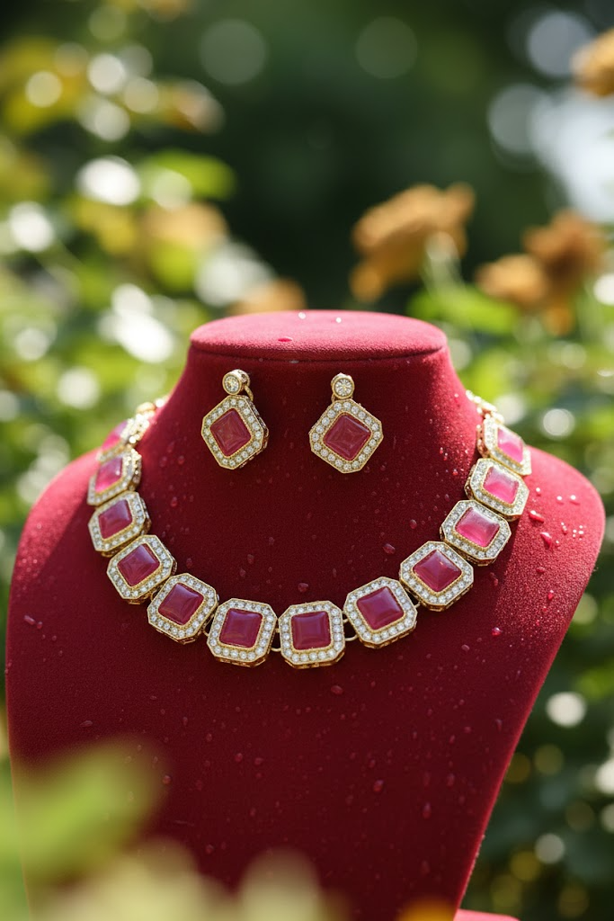 Pink Studded Necklace Set With Earrings