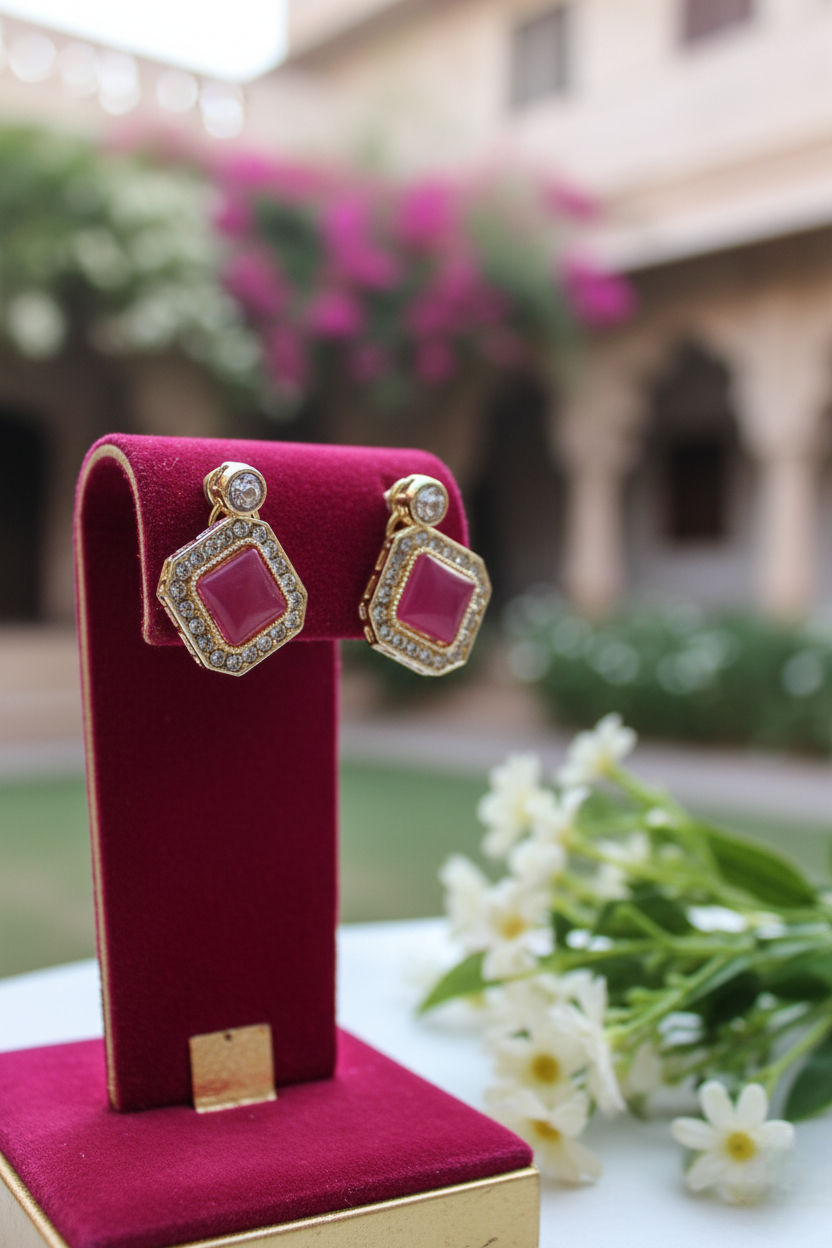 Pink Studded Necklace Set With Earrings