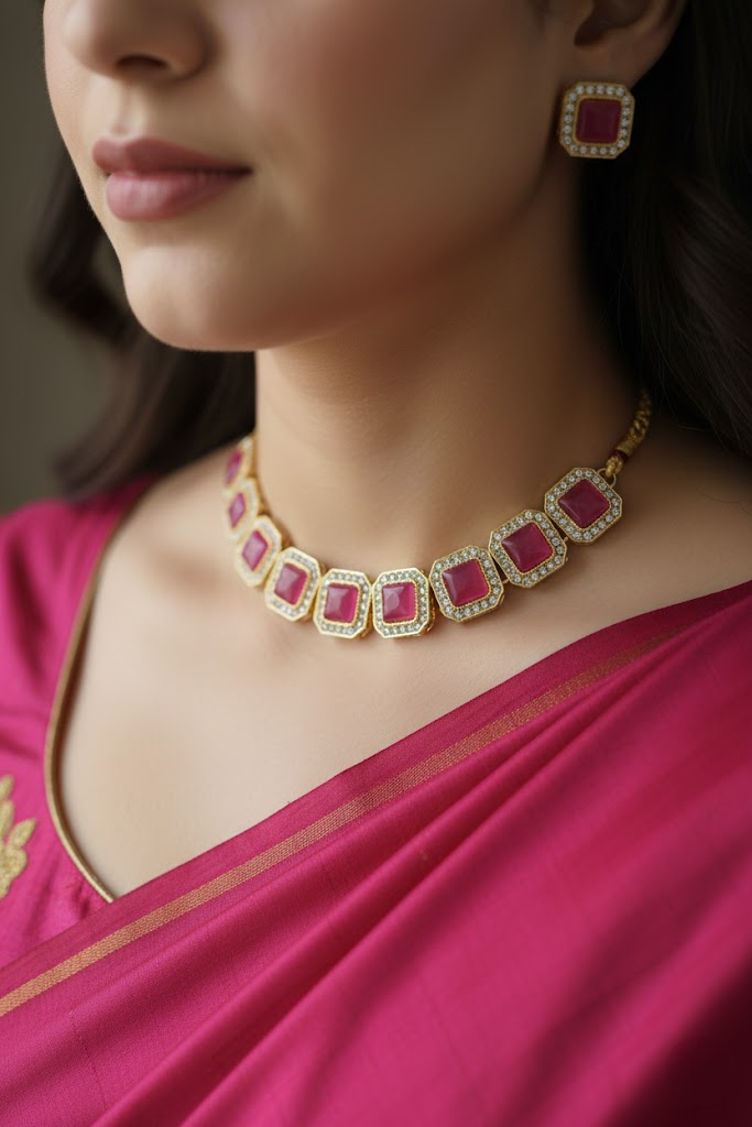 Pink Studded Necklace Set With Earrings