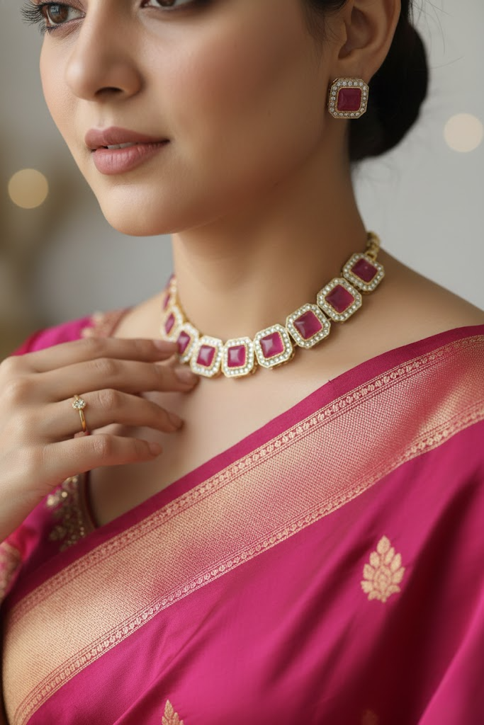 Pink Studded Necklace Set With Earrings