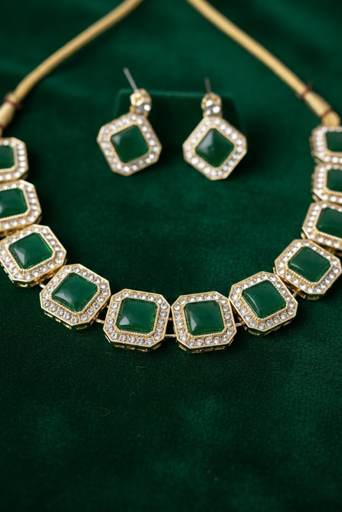 Emerald Green Studded Necklace Set With Earrings