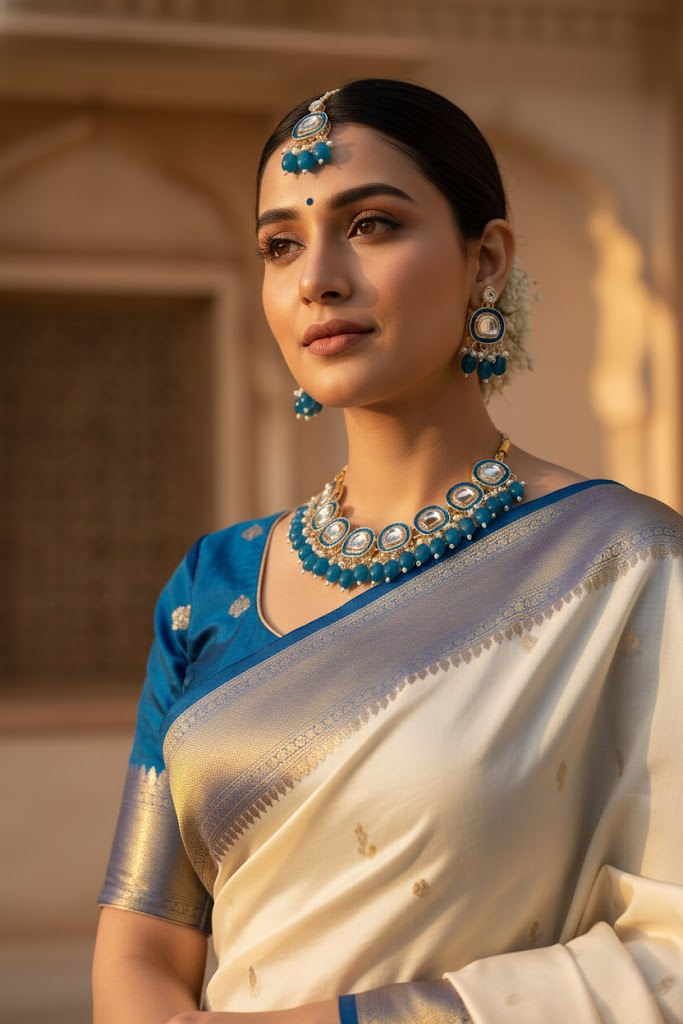 Sondarya Traditional Blue Meenakari & Kundan Necklace Set with Maang Tikka