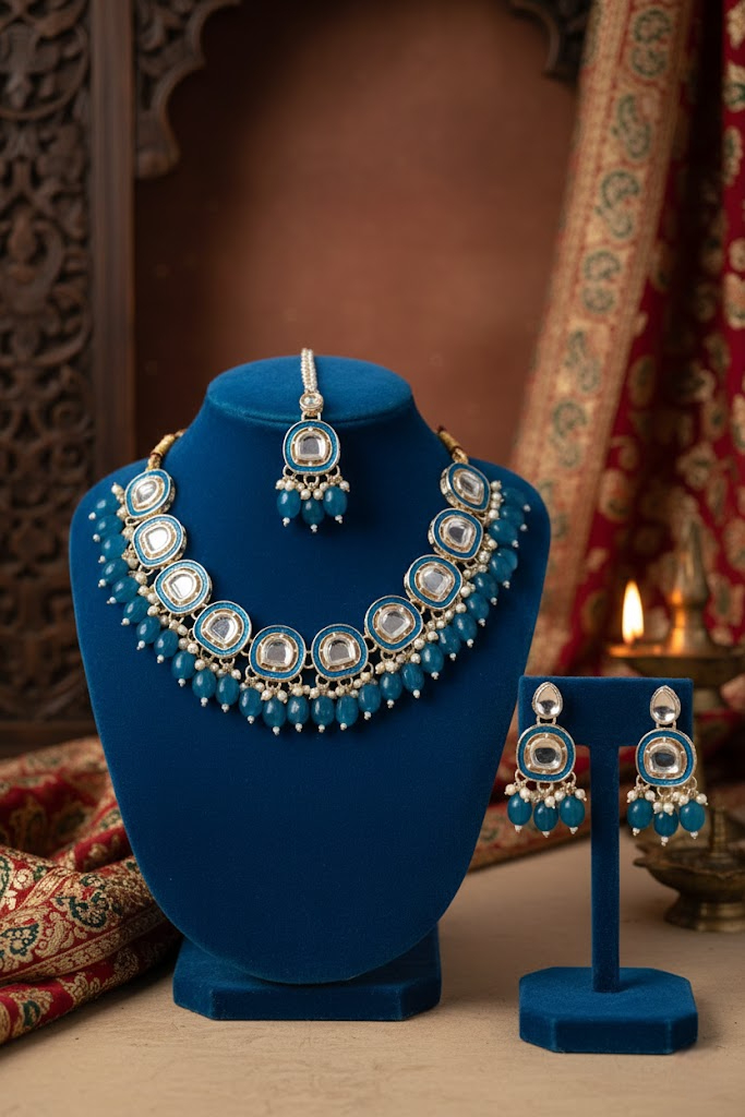 Sondarya Traditional Blue Meenakari & Kundan Necklace Set with Maang Tikka