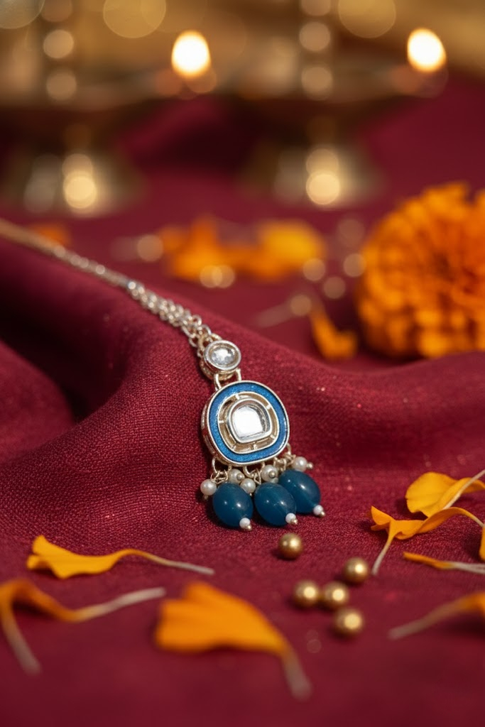 Sondarya Traditional Blue Meenakari & Kundan Necklace Set with Maang Tikka