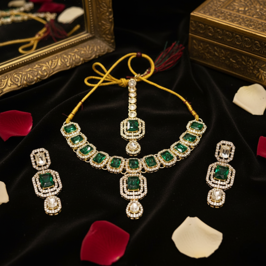 Sondarya Emerald Green Kundan Necklace Set with Maang Tikka NL11A